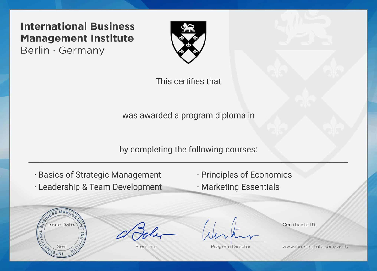IBMI Strategic Management program certificate awarded to David Fischer, certificate ID IBMI-SM-7H2N4