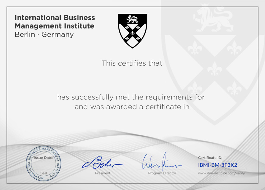 IBMI course certificate awarded to David Fischer for International Politics