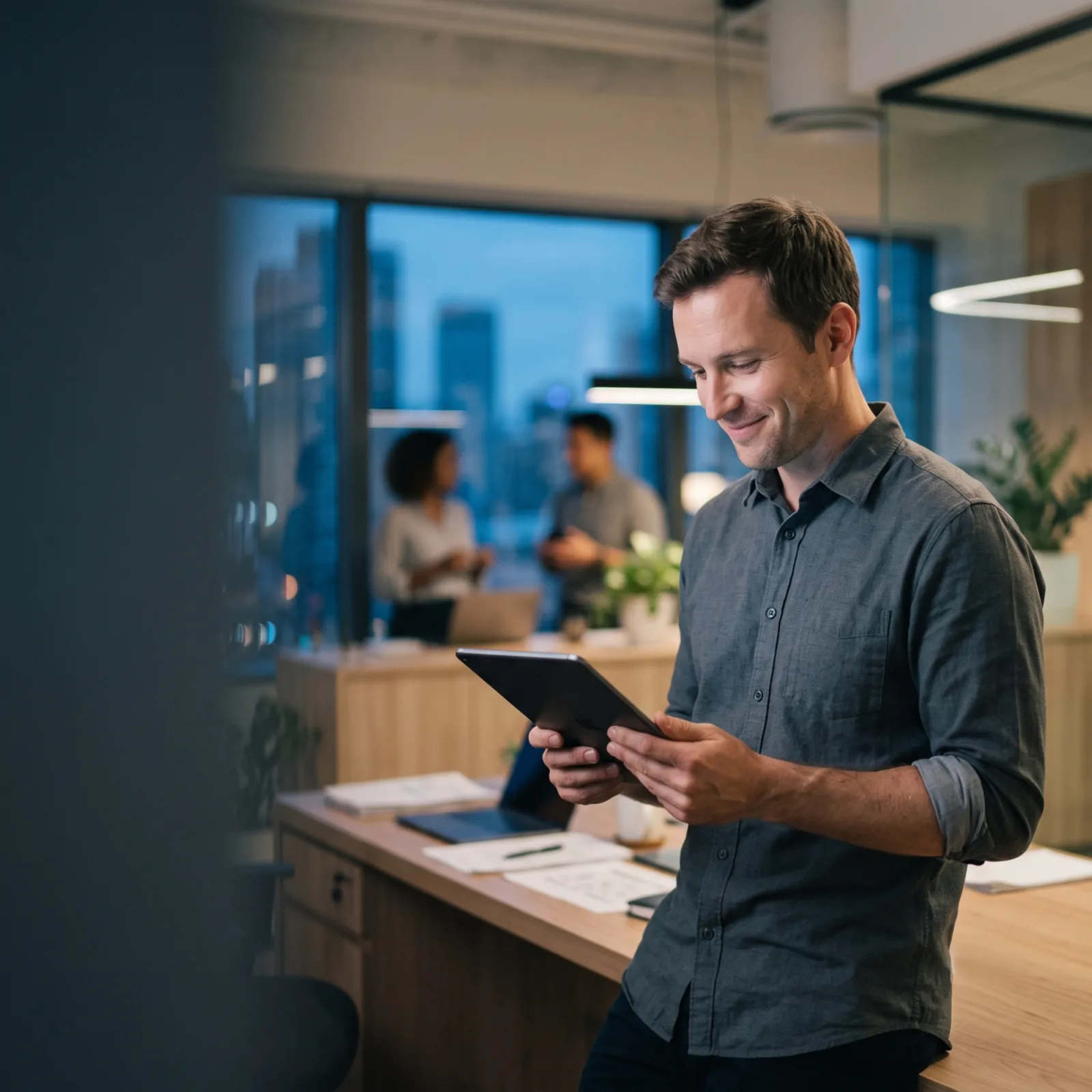 A professional reviewing work on a tablet in a modern office at dusk