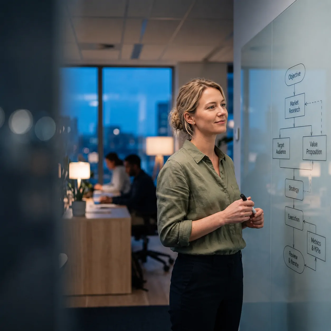 A businesswoman presenting at a whiteboard in the evening