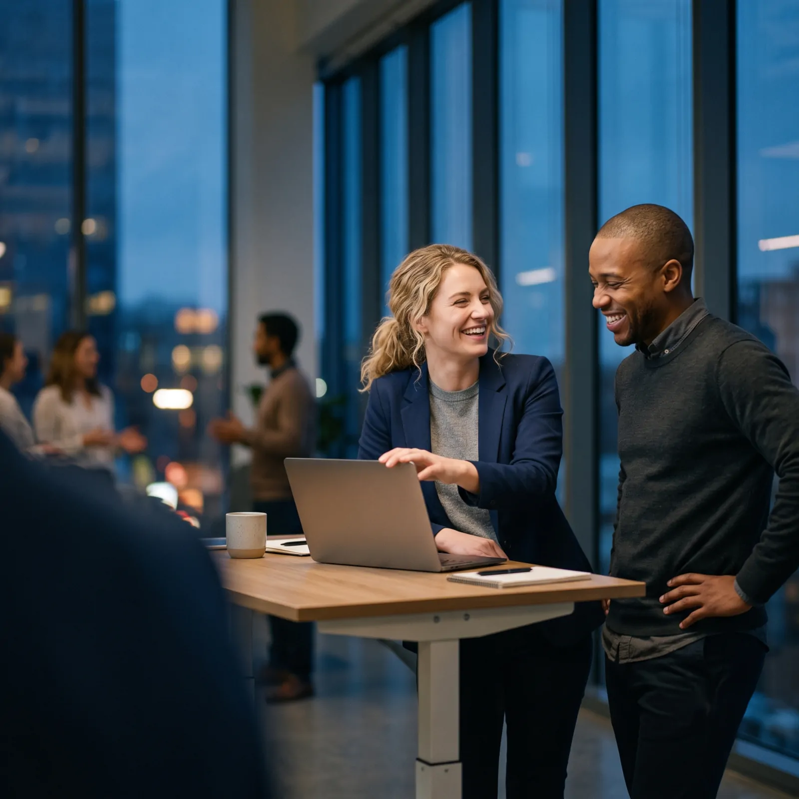 Two colleagues sharing a laugh over a laptop at dusk