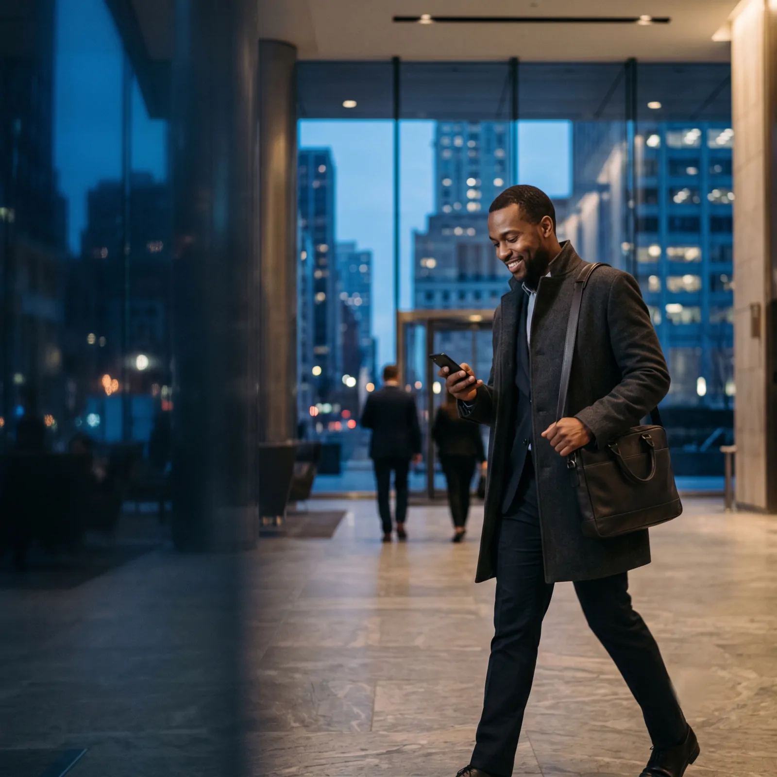 A businessman walking through an office lobby in the evening