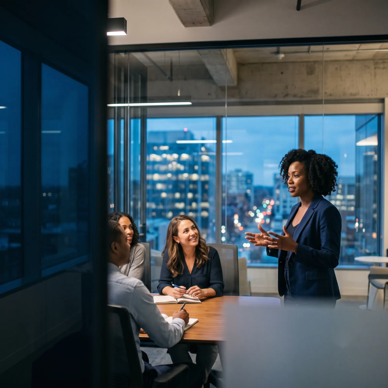 A businesswoman leading a team meeting at dusk