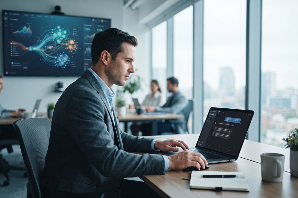 Professional working with an AI assistant on a laptop in a modern office