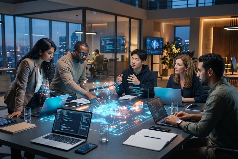 A team discussing AI insights around a table in a modern office