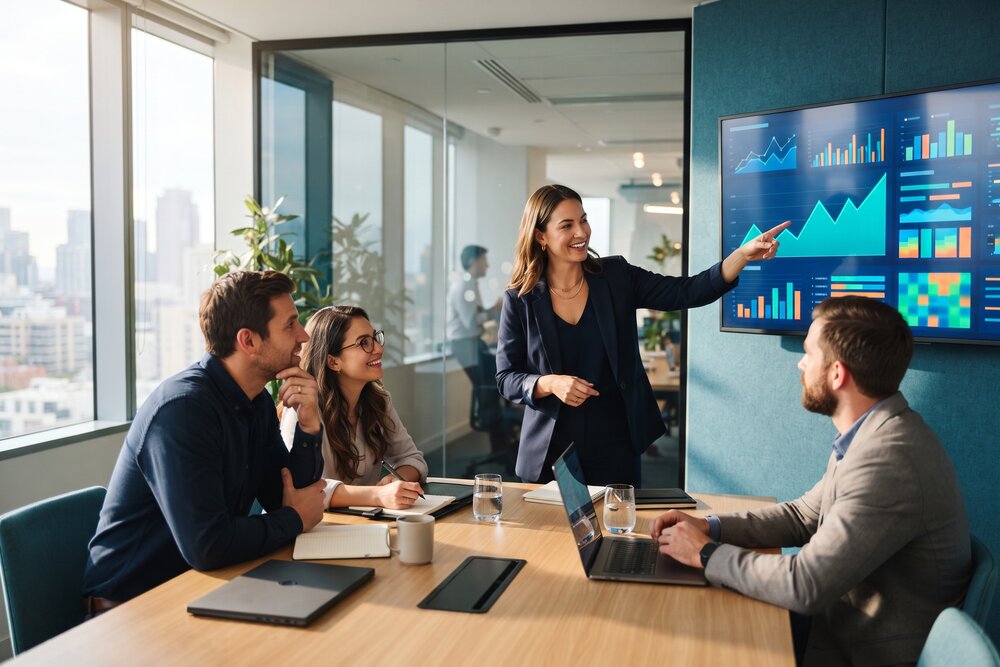 Team discussing charts and dashboards in a meeting room